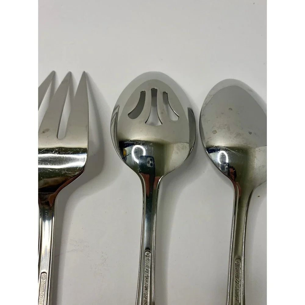 Reed & Barton Ribbon Crest Glossy Stainless Serving Spoons & Meat Fork